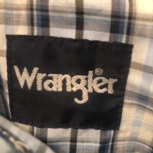 VTG 90’s Wrangler Western Pearl Snap Check Plaid Shirt Sz. L Blue White Rodeo - Picture 7 of 9